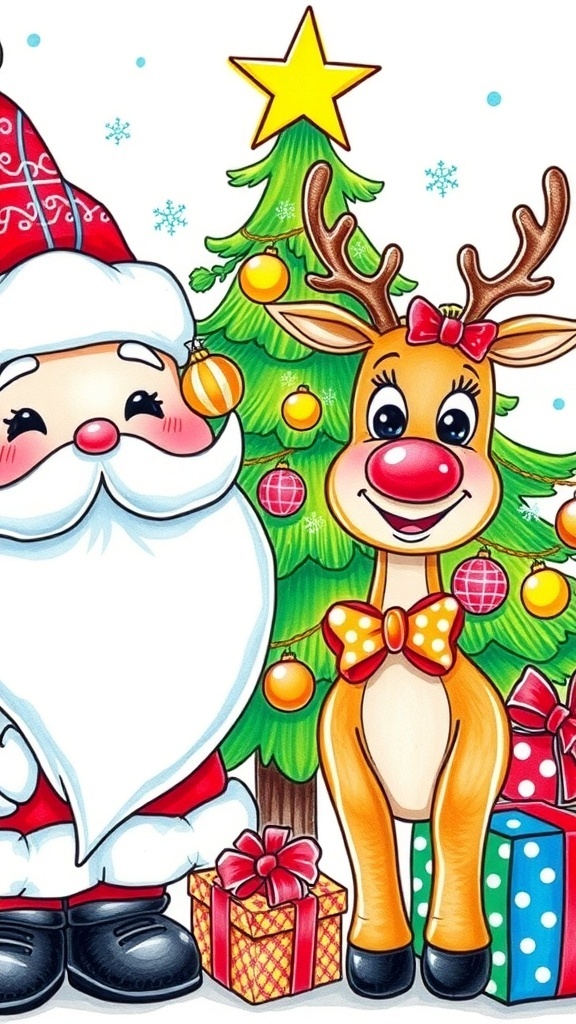 Kawaii Christmas Drawing Guide Kawaii Christmas drawing with Santa, reindeer, and a Christmas tree, surrounded by snowflakes and gifts.